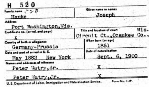 Joseph Hanke naturalization card